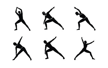 Six black silhouette figures of women performing different stretching exercises.