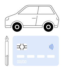 Minimalistic car outline, fountain pen, and contactless chip card. Ideal for transport, technology, finance, communication, innovation, mobility secure payments abstract line flat metaphor