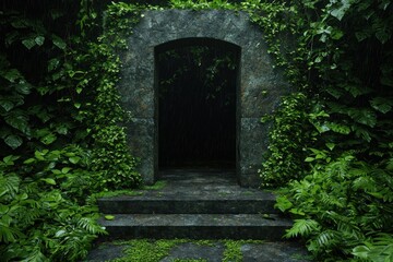 Mysterious stone archway overgrown with lush green foliage in a rainforest.