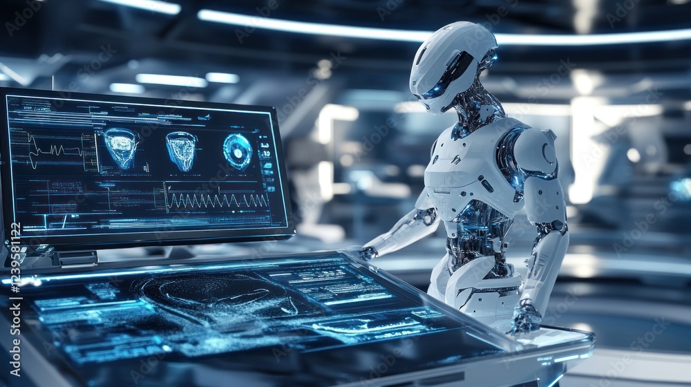 Poster futuristic ai robot working with holographic interface displaying complex data