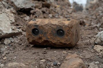Rusty surveillance camera in rubble