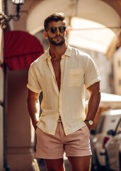 Stylish young man in summer look with beard, sunglasses and Bermuda shorts