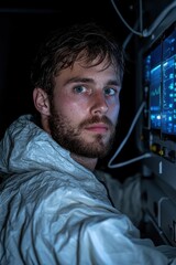 Focused scientist in hazmat suit working late in a lab
