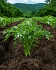 Young carrot plants growing in a field