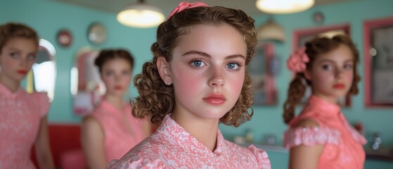 Teenage girls in a retro pink salon