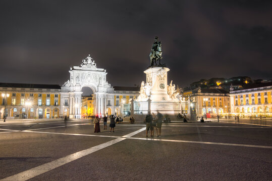 The Praco do Comercio or Commerce Plaza in Lisbon, Portugal at Night