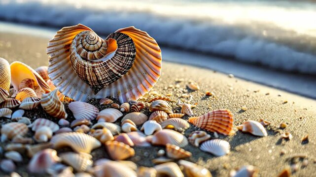 Discover heart-shaped shells and seashells adorning the sandy beach. Ai Generated