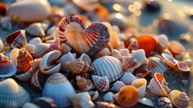 A heart-shaped seashell rests among colorful shells on a sandy beach, illuminated by warm sunlight reflecting off the ocean.