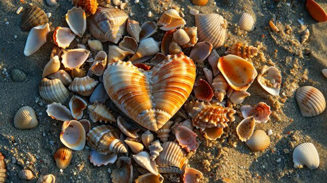 Discover heart-shaped shells and seashells adorning the sandy beach. Ai Generated