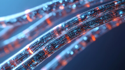 close up of fiber optic cable showcasing vibrant light patterns and advanced technology. intricate details highlight its modern design and