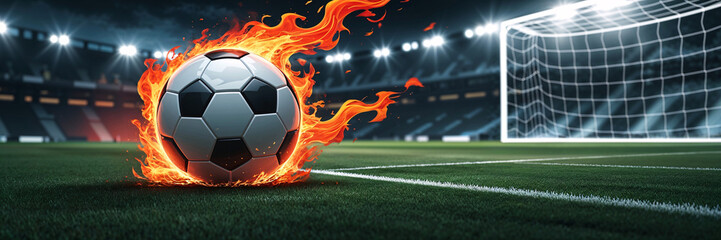 Fototapeta premium World Cup 2025, USA, Football, A soccer ball on fire hitting the goal in a stadium with a ball on fire, symbolizing an intense and dramatic scene.