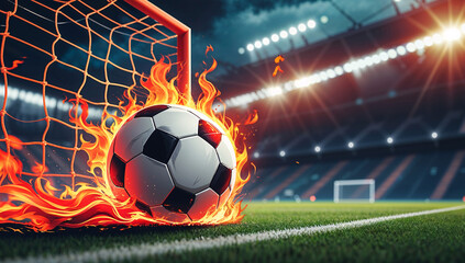 World Cup 2025, USA, Football, A soccer ball on fire hitting the goal in a stadium with a ball on fire, symbolizing an intense and dramatic scene.