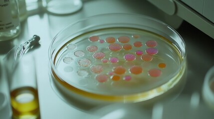 A closeup of a petri dish containing colonies of engineered microorganisms exhibiting distinct colorations due to genetic modifications. The dish is positioned on a sterile surface