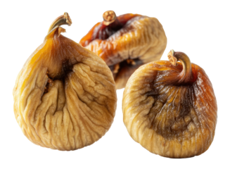 Close-up image of three dried figs with transparent background