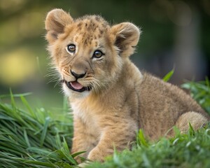 Obraz premium Adorable Lion Cub Sitting in the Grass