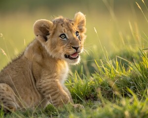 Obraz premium Adorable Lion Cub Sitting in the Grass
