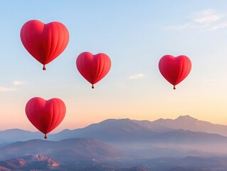 Fototapeta premium A breathtaking view of heart-shaped hot air balloons flying above serene mountains at sunset, capturing love and adventure in the sky.
