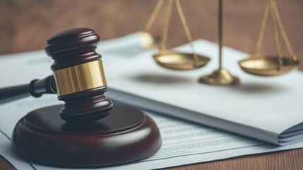 A close-up of a gavel and scales of justice symbolizing law and order, representing the courtroom and legal proceedings.