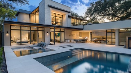 Fototapeta premium Luxury modern home with pools and outdoor living spaces at dusk