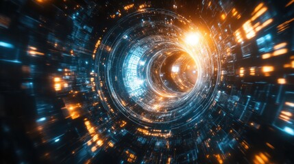 Obraz premium Abstract futuristic tunnel with glowing lights and digital data streams.