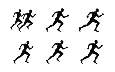 Six black silhouettes of men running in various stances.