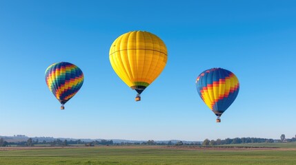 Fototapeta premium Colorful hot air balloons soar over a tranquil green field under a clear blue sky