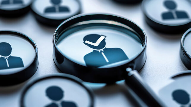 Human resources Candidate selection concept with magnifying glass highlighting person, symbolizing evaluation and recruitment processes in hiring. Search job
