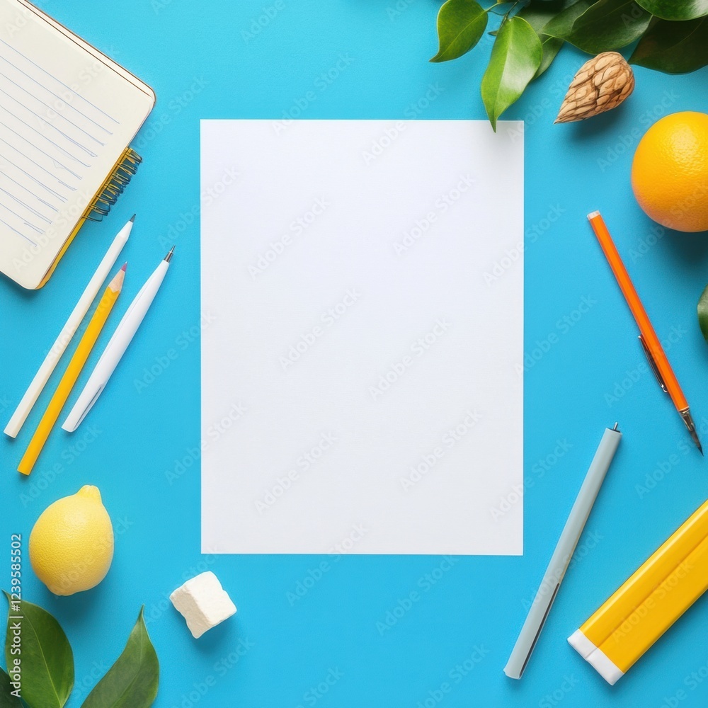 Aufkleber creative workspace with blank paper and colorful stationery arranged on a vibrant blue background. g