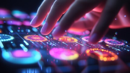 Obraz premium Woman finger touching interactive holographic interface with glowing icons. Lines. And data points. Representing innovative technology. Futuristic design. And user experience in digital environments