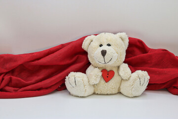 Greeting card with a white teddy bear with a heart on a red and white background - for Valentine's Day, Mother's Day, Birthday or Christmas