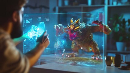 Man interacts with a holographic fantasy creature in augmented reality game