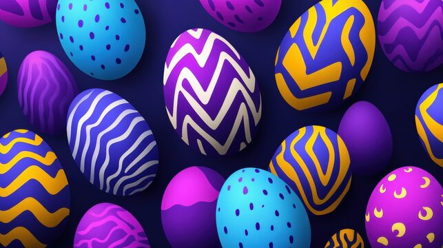 Stylized Easter eggs featuring vibrant colors and geometric patterns create a striking visual. The design emphasizes festive elements associated with the Easter celebration - Powered by Adobe