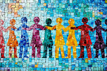 A vibrant mosaic artwork depicting figures holding hands, symbolizing unity and community.  The colorful tiles create a striking visual.