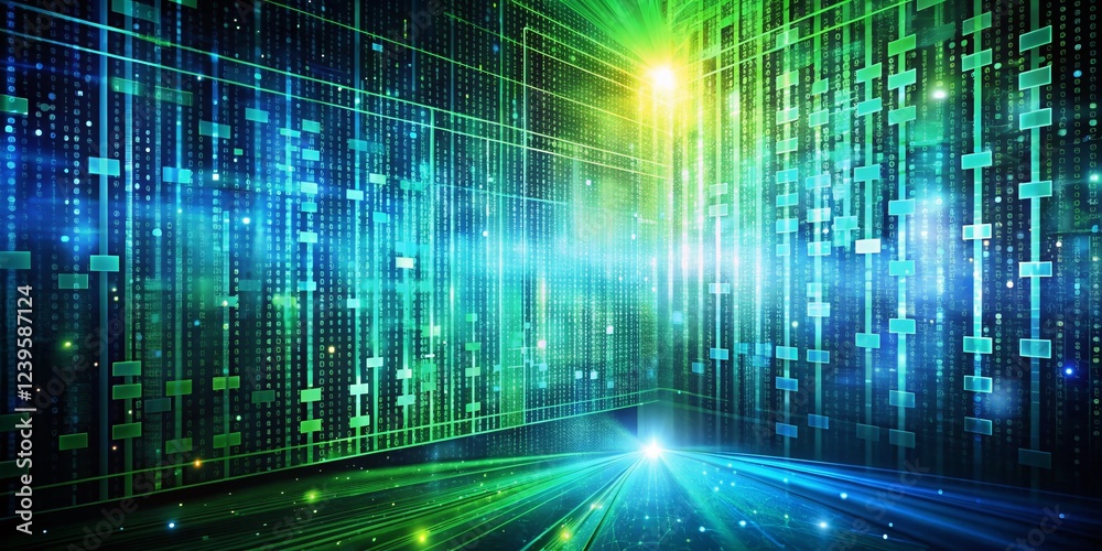 Poster abstract digital data stream blue green binary code