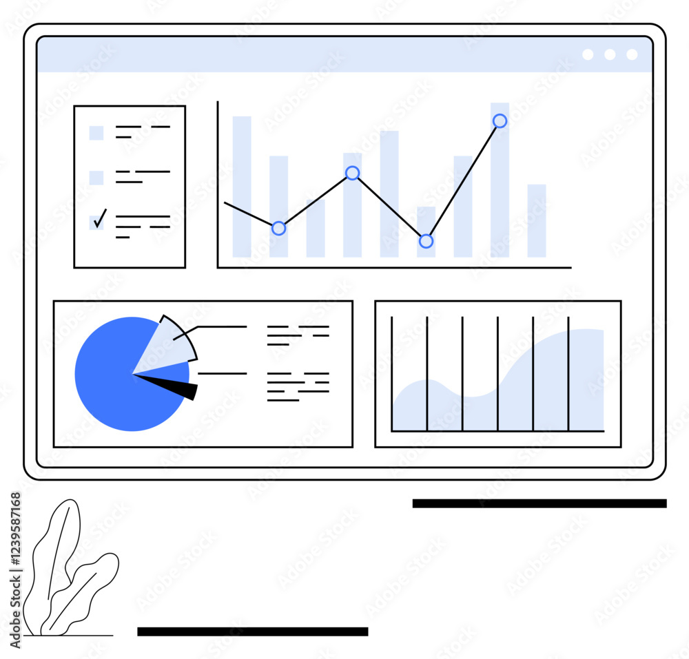 Poster data analysis dashboard with bar graphs, pie chart, line graph, and report checklist. ideal for busi