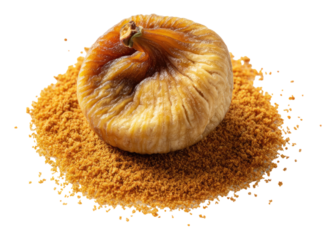 Dried fig on pile of powder, showcasing natural and healthy food concept