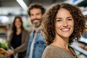 Obraz premium Market happiness: joyful duo, shopping adventure, husband teamwork, wife laughter, trolley excitement, grocery task, product hunt, store exploration, couple synergy, supermarket bonding