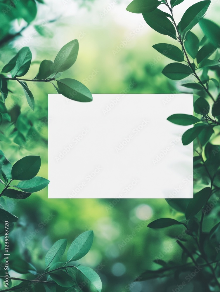 Poster fresh green foliage frames a blank canvas in a serene garden setting during the early afternoon ligh