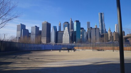 Downtown Manhattan skyline viewed from the park on a clear day in New York