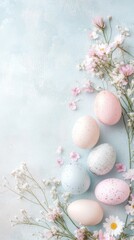 Fototapeta premium Six decorative Easter eggs in soft pastel colors are arranged amid delicate white flowers and pink accents, creating a serene atmosphere for spring festivities and celebrations