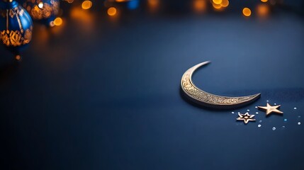 A serene night scene featuring a crescent moon and stars, surrounded by softly glowing lanterns