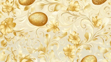 This seamless vector pattern showcases beautifully designed golden Easter eggs interspersed among delicate floral motifs. Ideal for enhancing any festive decor or material