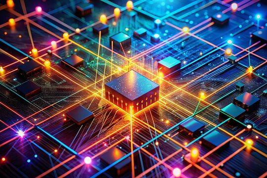 Abstract Multicore Processor: Network of glowing nodes, interconnected pathways, digital technology concept.