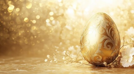 A beautifully designed golden Easter egg stands prominently against a shimmering golden gradient. Surrounding the egg are delicate floral accents, enhancing the festive ambiance