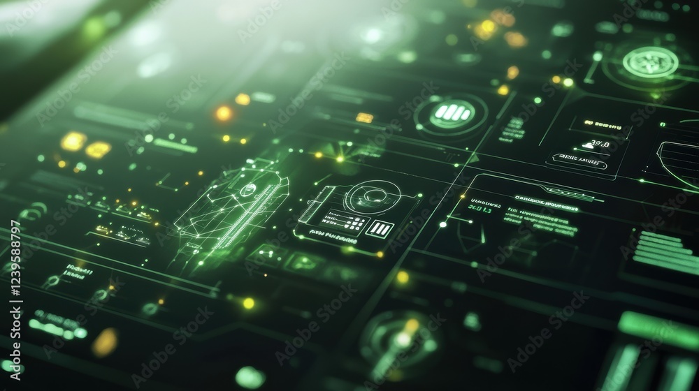 Poster futuristic green head up display featuring intricate charts and real time data analysis, highlightin