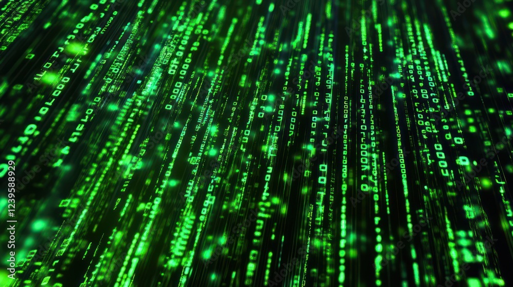 Poster abstract digital rain with glowing green data streams and binary code