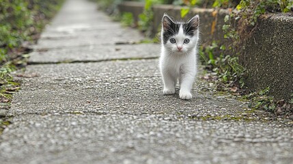Small black and white kitten walks a garden path