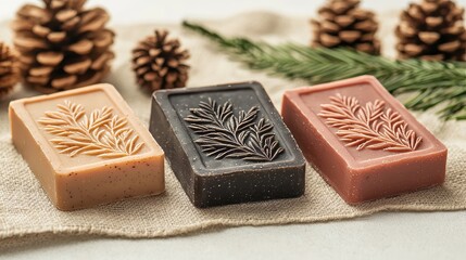Handmade soaps in earthy tones with embossed botanical patterns, elegantly arranged on a rustic linen fabric with minimalistic props
