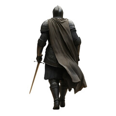 Medieval Knight in Armor Holding Sword Walking Back View Isolated on White Background