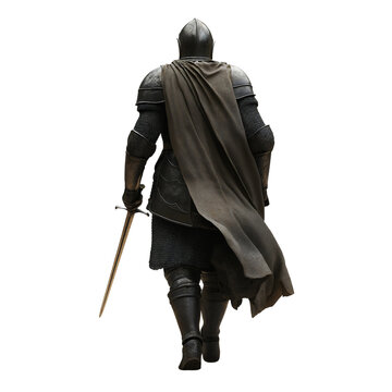 Medieval Knight in Armor Holding Sword Walking Back View Isolated on White Background